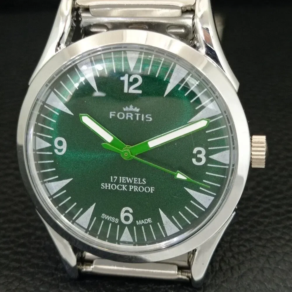 Vintage 1975 Fortis Manual Mens Silver Watch W/Steel Strap & Green accents